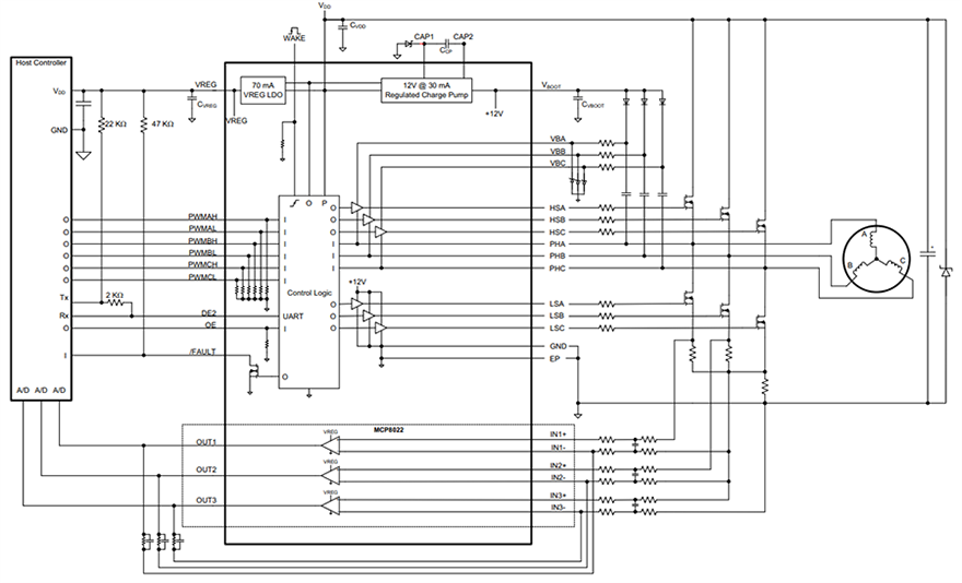 Application Circuit Diagram - Microchip Technology MCP8021/MCP8022 3-Phase BLDC Motor Gate Drivers